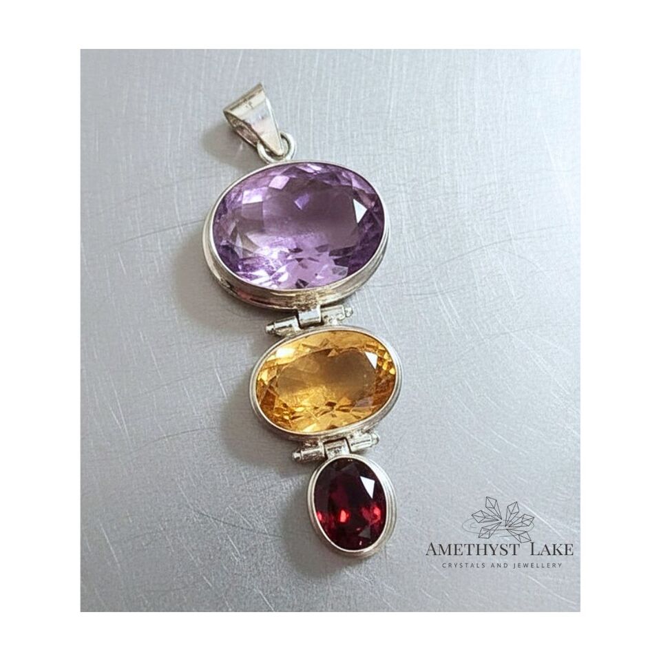 Trinity Faceted Amethyst Citrine Garnet Oval Gem Pendant