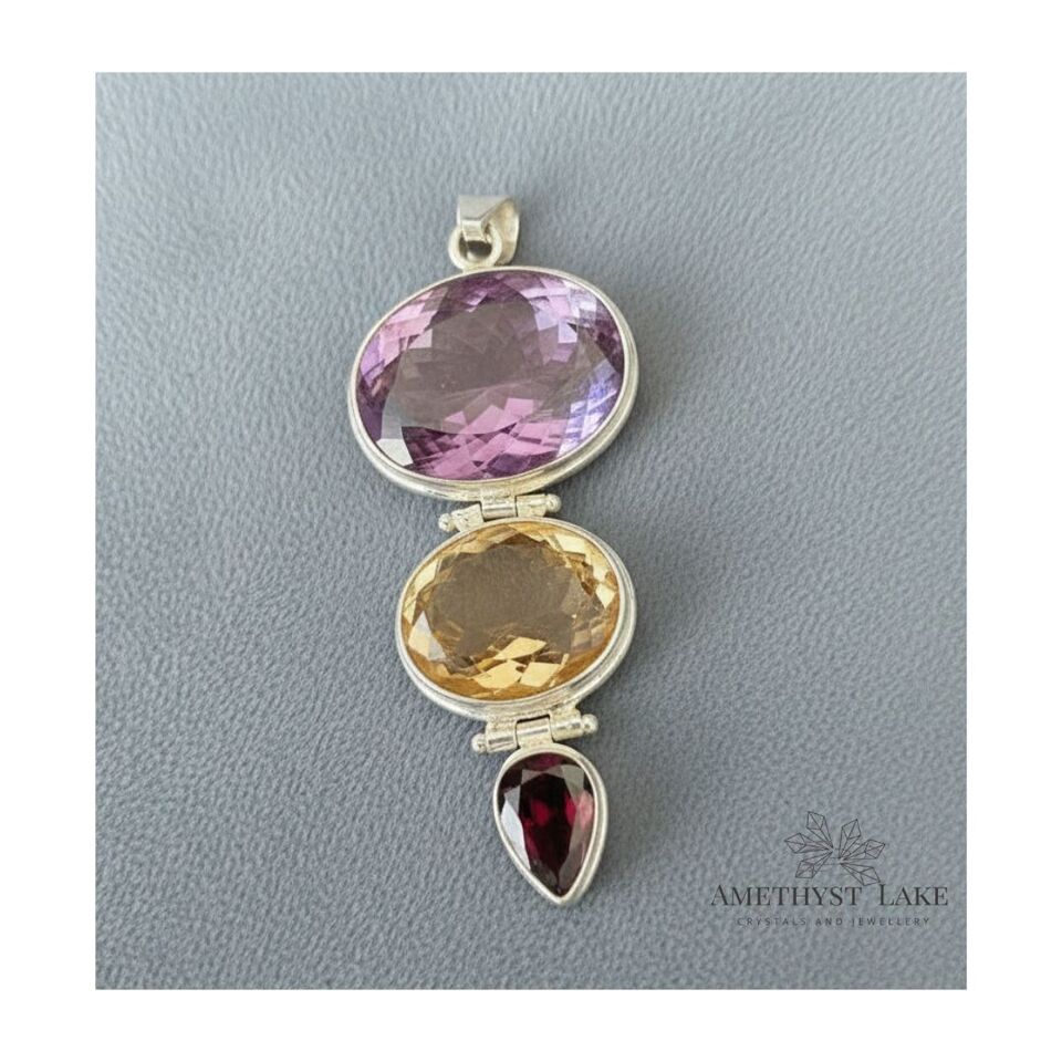 Trinity Faceted Amethyst Citrine Garnet Pear Gem Pendant