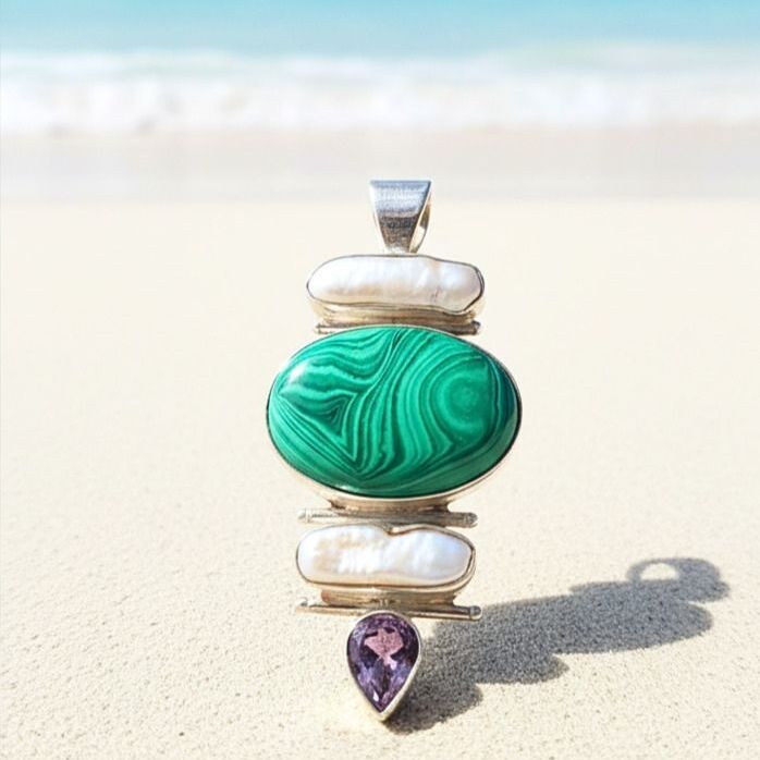 Trinity Pendant - Malachite with Mother of Pearl and Amethyst
